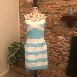 Blue and white strapless dress